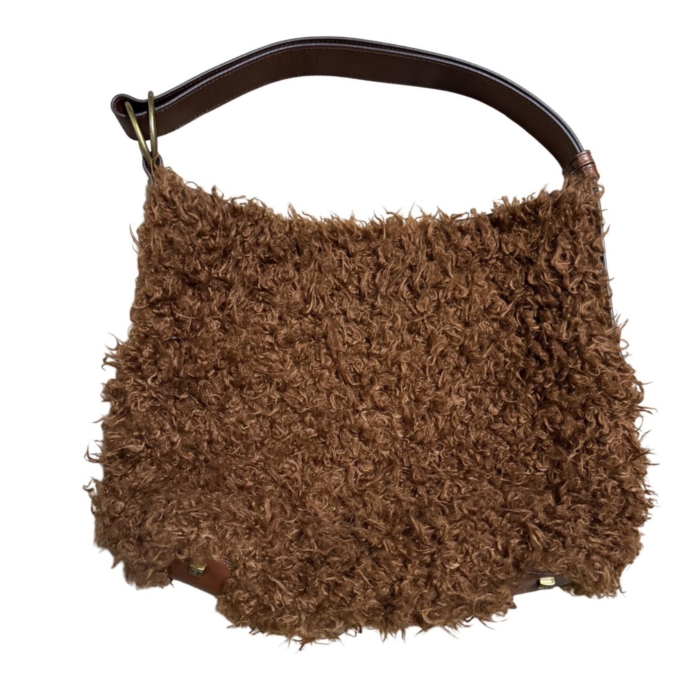 Eric Javits Brown Faux Fur Hobo Bag Leather Trim Adjustable Strap Shoulder Bag